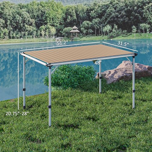 Outsunny Folding Camping Table, Adjustable Height Aluminum Table, Portable Camping Table for Picnic, Beach, BBQ, Light Brown