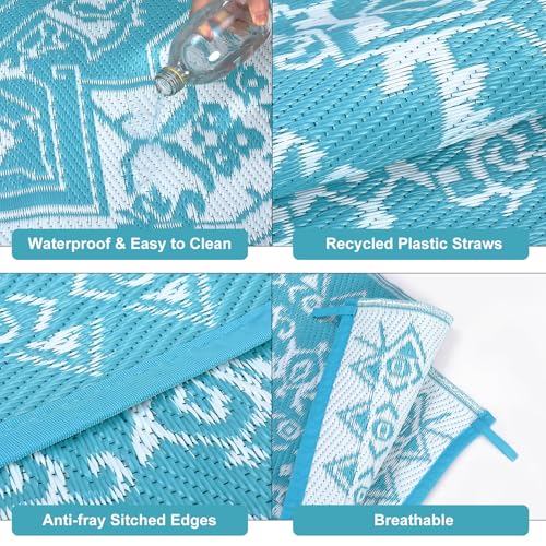 COZYLOOM Vintage Outdoor Rug 8x10 ft Waterproof Reversible Patio Plastic Straw Rugs for Decor Outside Large RV Camping Area Carpet Mat for Porch Deck Balcony Pool Backyard Picnic Beach Camper Door - color: Vintage Blue/White, size: 8'x10'