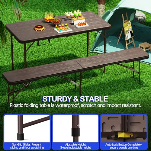 VSOAEIL Set of 2 Folding Table 4 Foot for Indoor Outdoor, Portable Heavy Duty Fold-in-Half Utility Small Plastic Adjustable Height Folding with Carrying Handle for Picnic and Party, 2 Pack Brown - color: Brown, size: 4 Ft - 2 Pack