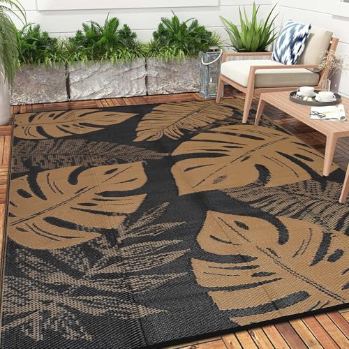 GarveeLife Outdoor Rug 8x10 Patio Rugs Waterproof Plastic Straw Rug Reversible UV Resistant Camping Mat, Foldable Lightweight RV Picnic Mat with Portable Bag, Modern Outdoor Carpet for Yard, Brown - color: Leaf|black&brown, size: 8' x 10' (Rectangular)