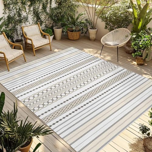 Outdoor Rug 6x9ft, Gray Stripes Boho Ethnic Style Indoor Area Rug for Patio Backyard Deck Large Floor Mat, Abstract Geometric Art Non-Slip Outside Carpet Balcony Porch Camping Rugs Picnic Mat - size: 6' x 9' (Rectangular)