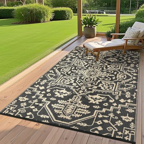 GarveeHome 9x12 Outdoor Rugs Vintage Medal Reversible Plastic Straw Rug UV Resistant Non Shedding Camping Carpet Fold Portable Outside Carpet Mat for RV Porch Backyard Balcony Pool Side, Black Brown - color: Vintage | Black Brown, size: 9' x 12' (Rectangu