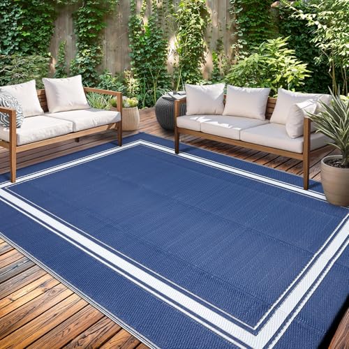 GarveeHome Outdoor Rug 8x10 Patio Waterproof Reversible Outdoor Plastic Straw Rug Modern Bordered Patio Rugs Indoor Outdoor Carpet RV Mat Outside for Patio Camp Balcony Deck Picnic, Navy and White - color: Border|navy, size: 8' x 10' (Rectangular)