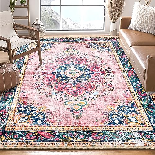 5x7 Area Rugs Pink Boho Rug for Living Room Vintage Rug Non-Slip Washable Low Pile Foldable Large Rugs for Bedroom Dining Room Indoor Floor Carpet - color: A#pink, size: 5' x 7' (Rectangular)