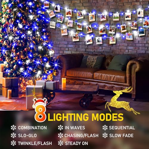 KNONEW Outdoor Christmas Lights 500 LED 197ft String Lights 8 Modes & Memory Fairy Light Plug in Waterproof LED String Lights for Xmas Yard Tree Wedding Party (Blue and White) - color: White and Blue, size: 197FT 500 LED