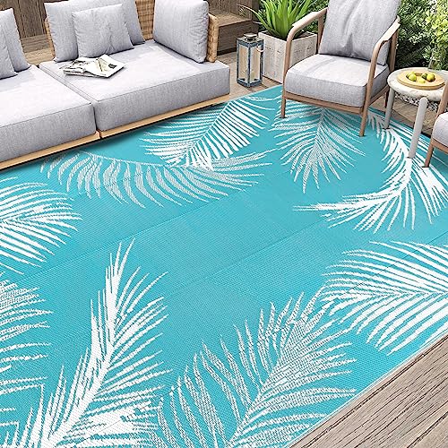 Pauwer Waterproof Outdoor Rug 6x9, Reversible Plastic Straw Patio Camping Rug, Indoor Outdoor RV Mat Carpet for Deck, Camper, Porch, Balcony, Backyard, Picnic, Leaf Teal - color: Leaf Teal, size: 6' x 9' (Rectangular)