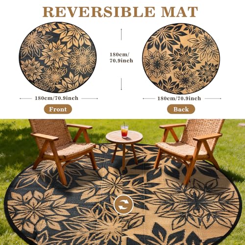 Round Outdoor Rug 6 Ft for Patio, Black & Brown Large Reversible Waterproof Plastic Carpet, Lightweight & Easy to Clean RV Camping Mat, Suitable for Deck, Picnic, Porch, Balcony and Beach - color: Black, size: 6' (Round)