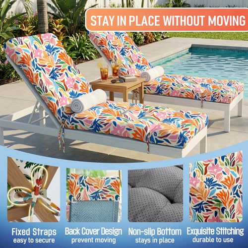 MAGIC ELEPHANT Chaise Lounge Cushion Outdoor, Memory Foam Patio Lounge Chair Cushion with Ties for Outdoor Furniture, 74 x 22 x 4 Inch (Multicolor Leaves) - color: Multicolor Leaves