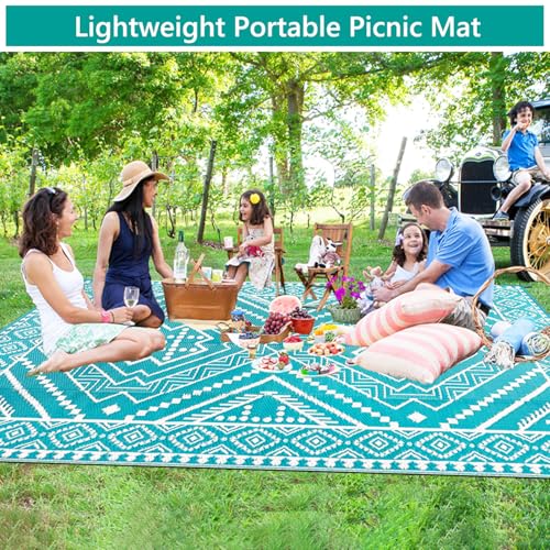 Waterproof Outdoor Rug 8x10 ft, Reversible Plastic Straw Mat, Large Floor Mat for Patio, Camping, Picnic, Backyard RV, Deck, Teal - color: Teal, size: 8' x 10'