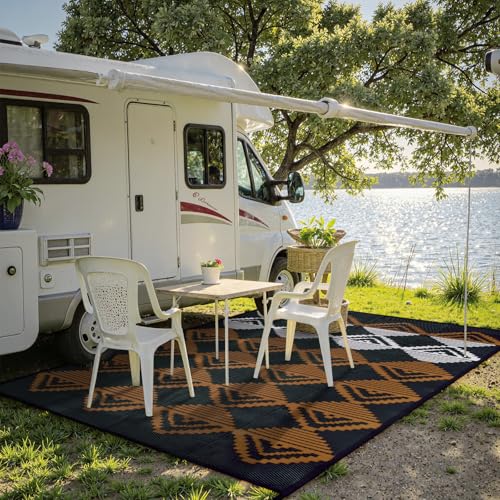 Lahome Waterproof Outdoor Patio Rug 9x12, Reversible Large Outdoor Rug for Patios, Camping Rugs for RV Backyard Deck Picnic Beach Trailer (Black/Brown, 9' x 12') - color: Black/Brown/Checkered, size: 9'x12'
