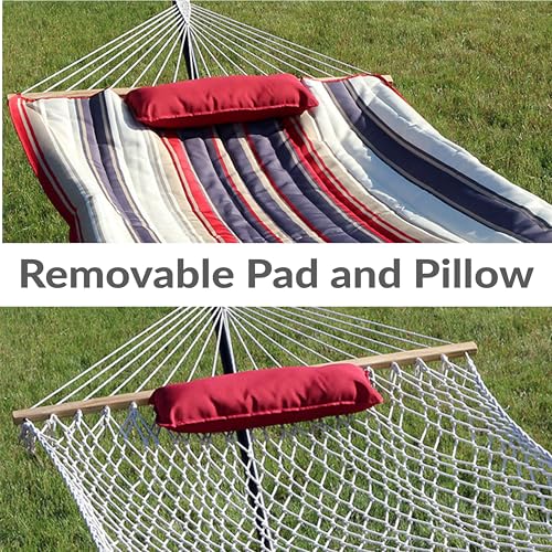 Sunnydaze Rope Hammock with Stand for Outside - Heavy Duty Freestanding Portable Outdoor Hammock Set with Quilted Pad, Pillow, and 12-Foot Steel Frame - 275 lb Capacity - Modern Lines - color: Modern Lines