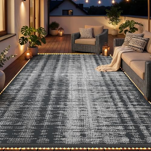 MontVoo Outdoor Rug Waterproof 9x12 ft with Strip Lights Outdoor Patio Rug Mat Reversible Plastic Straw Rug Outside Outdoor Rug for RV Camping Picnic Balcony Backyard - color: Grey Lighted, size: 9' X 12' (Rectangular)