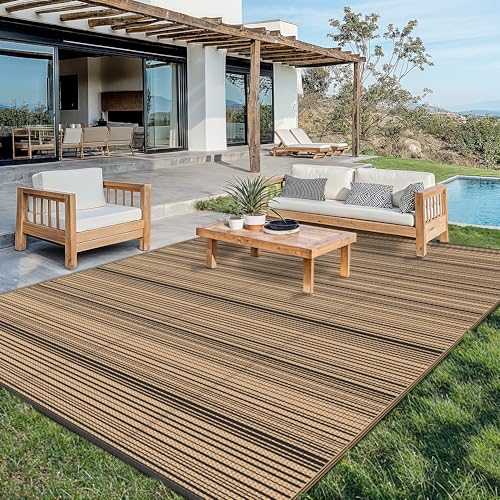 GENIMO Outdoor Rug 10x14 ft Waterproof, Reversible Plastic Straw Patio Rug for RV Camping Mat, Deck, Backyard Balcony Mat - Lightweight & Easy to Clean, BlackBrown - color: Blackbrown, size: 10' x 14' (Rectangular)