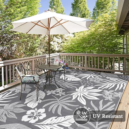 Pauwer Waterproof Outdoor Rug 8x10, Reversible Plastic Straw Patio Camping Rug, Indoor Outdoor RV Mat Carpet for Deck, Camper, Porch, Balcony, Backyard, Picnic, Floral Grey - color: Floral Grey, size: 8' x 10' (Rectangular)