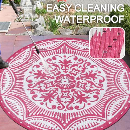 Capslpad 5x5 Floral Outdoor Rug for Patio Clearance Reversible Mat Round Portable Plastic Straw Carpet Waterproof Boho Indoor Outside Area Rugs for RV Camping Picnic Balcony Beach Deck, Pink - color: Pink, size: 5' (Round)