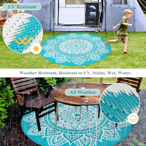famibay Round Outdoor Rugs for Patios 5 Ft Round Outdoor Rug Waterproof Round Patio Rug Outdoor Plastic Straw Rug Lightweight Boho Outdoor Carpet Mats for Patio Backyard Camping Porch(Teal) - color: Teal, size: Round 5ft