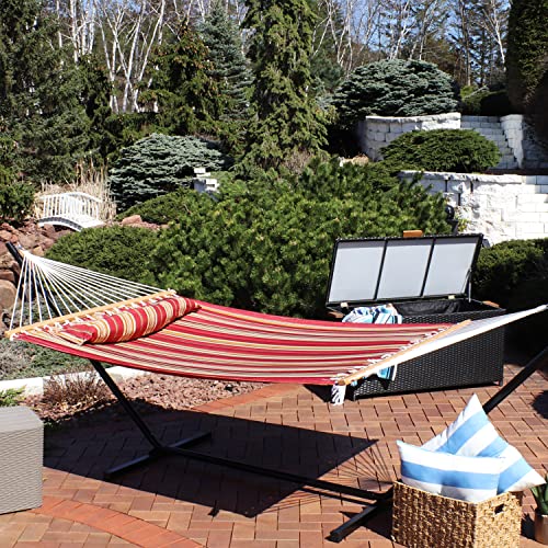 Sunnydaze Quilted Double Hammock for Outside with Spreader Bars and Pillow - 450 lb Capacity, 74x55 Inch Bed, UV Resistant, Quick Dry - Chains Included, Stand Sold Separately - Red Stripe - color: Red Stripe