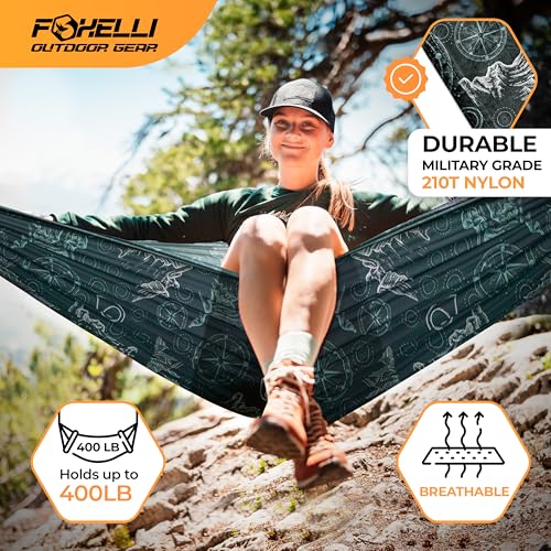 Foxelli Camping Hammock – Ultralight Hammock for Backpacking, Hiking, Festivals, Travel - Easy Setup with Tree-Friendly Ropes & Steel Carabiners, Heavy Duty Parachute Nylon - color: Adventures Green