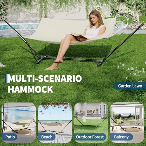 2 Person Double Hammock with Stand & Pillow, 450 LBS Heavy Duty Outdoor Hammock with Balance Rope for Patio Backyard Poolside