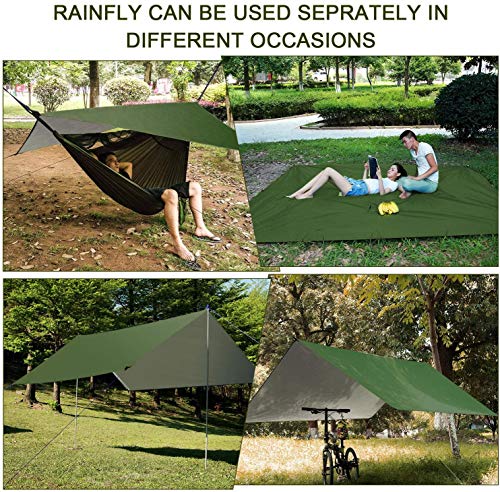 Camping Hammock with Rain Fly Tarp and Mosquito Net Tent Tree Straps, Portable Single Double Nylon Parachute Hammock Rainfly Set for Backpacking Hiking Travel Yard Outdoor Activities Green - color: Green