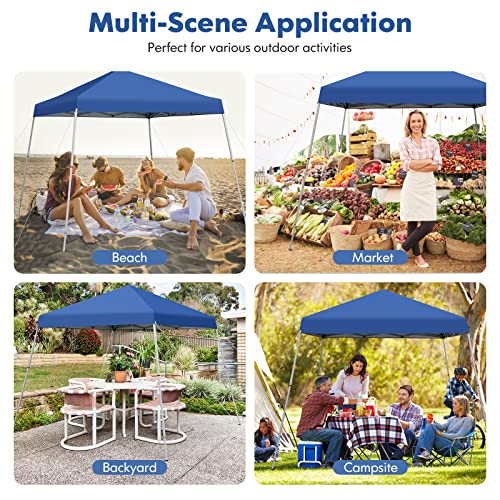 Tangkula 10x10 Ft Pop Up Canopy, Slanted Leg Outdoor Canopy Tent with Center Lock, UPF50+ Sun Protection, 4 Stakes, 8 Ropes, Carrying Bag, 1 Person Setup Instant Tent Shelter for Camp, Beach, Patio - color: Blue