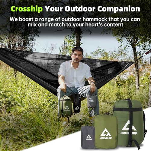 Camping Hammock with Mosquito Net – Portable Parachute Nylon Hammock Tent with Tree Straps, Camp Rope & Stake - for Hiking, Backpacking, Travel, Backyard, Beach – Holds Up to 500lbs (Black) - color: Black