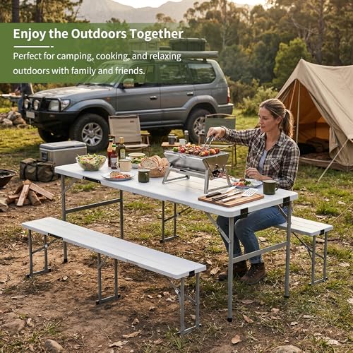 Picnic Table Set with 2 Benches,6 Feet Folding Camping Table Chair Set with Wood Grain Tabletop,3-Piece Outdoor Indoor Portable Folding Furniture for Party, Camping, Picnic, Weddings (White)