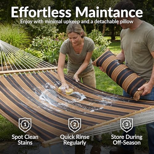 Sunnydaze Quilted Double Hammock for Outside with Spreader Bars and Pillow - 450 lb Capacity, 74x55 Inch Bed, UV Resistant, Quick Dry - Chains Included, Stand Sold Separately - Woodland Stripe - color: Woodland Stripe