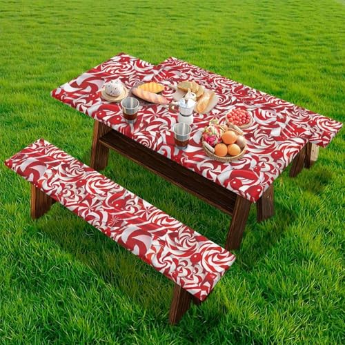 Xmas Elastic Fitted Table Cloth for Camping Party Supplies 3 PCS Set Christmas Swirl Candy Outdoor Picnic Table Cover with Bench Covers - color: Christmas Swirl Candy, size: Small
