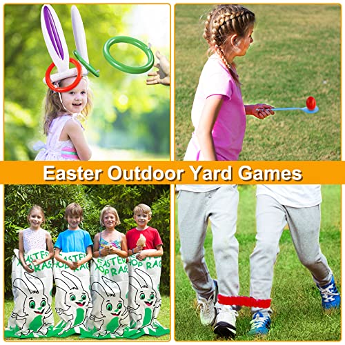 19 Pack Easter Outdoor Party Games for Kid Family, School Carnival Game 4 Bunny Potato Sack Race Bag, Egg and Spoon Relay Race, 2 3-Legged Band, 1 Ear Ring Toss Game (4 Score Rings) Easter Eggs Hunt