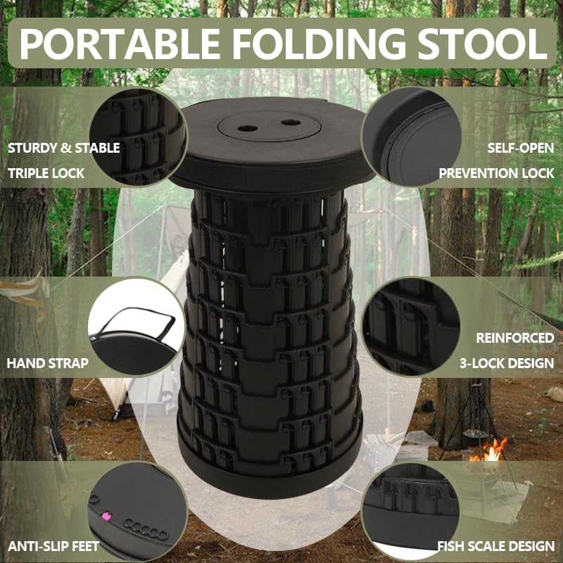 JAEMEYEM Upgraded Collapsible Stool Chair, Folding Stool, Lightweight, Sturdy, Adjustable, Portable, Foldable Seat Stools for Outdoor Camping Fishing Hiking BBQ - color: Black, size: 1 pack