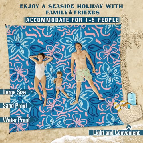Famstar Beach Blanket Sandproof Waterproof 78''×81''1-5 Adults Oversized,Compact Lightweight Durable Beach Mat for Travel Camping Hiking Picnic Blanket - color: Blue Flower, size: 78''×81''