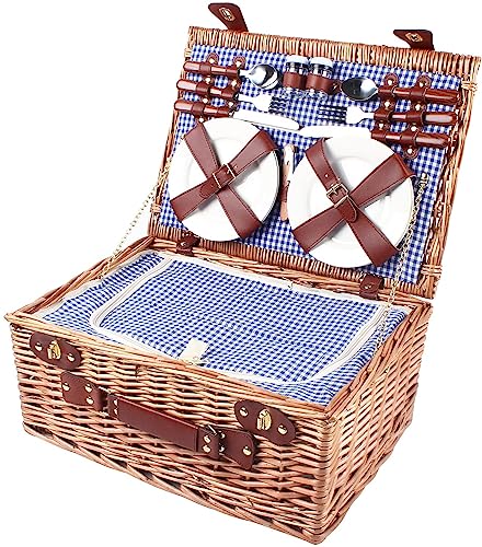 4-Person Picnic Basket Set, Blue&White Outdoor Wicker Picnic Basket with Tableware for Home/Camping