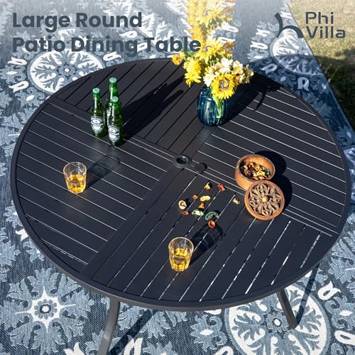 PHI VILLA 7 Pieces Outdoor Round Dining Set for 6, Wrought Iron Dining Circular Table with Umbrella Hole & Stackable Metal Steel Chairs, Large Dining Furniture Set for Patio, Deck, Yard, Porch - color: Hexagon Back Chair, size: 7pcs-54" Round Table