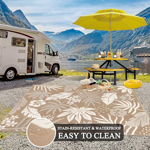 Pauwer Waterproof Outdoor Rug 8x10, Reversible Plastic Straw Patio Camping Rug, Indoor Outdoor RV Mat Carpet for Deck, Camper, Porch, Balcony, Backyard, Picnic, Floral Brown - color: Floral Brown, size: 8' x 10' (Rectangular)