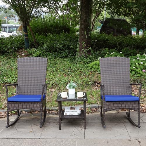 Oasishine Rocking Chair Outdoor 3 Pieces High-Backed Patio Rocking Chairs Bistro Table and Chairs Set of 2, Royal Blue - color: Royal Blue