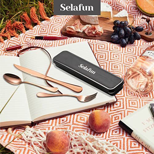 4-pieces Travel Set with Case Portable Silverware Utensils Set for work, Stainless Steel Reusable Flatware Set Cutlery Set for Camping Picnic Hiking Office (6.7inch, Rose Gold) - color: Rose Gold, size: 6.7 inch