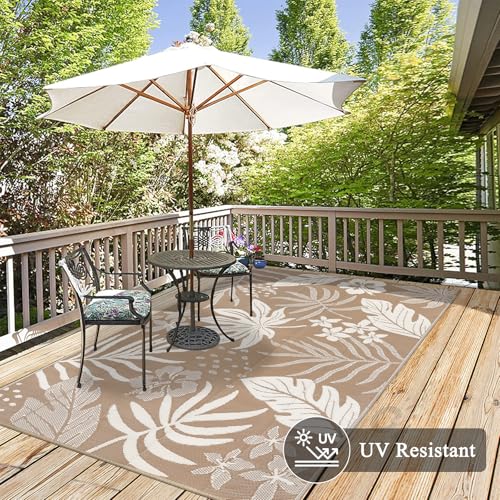 Pauwer Waterproof Outdoor Rug 6x9, Reversible Plastic Straw Patio Camping Rug, Indoor Outdoor RV Mat Carpet for Deck, Camper, Porch, Balcony, Backyard, Picnic, Floral Brown - color: Floral Brown, size: 6' x 9' (Rectangular)