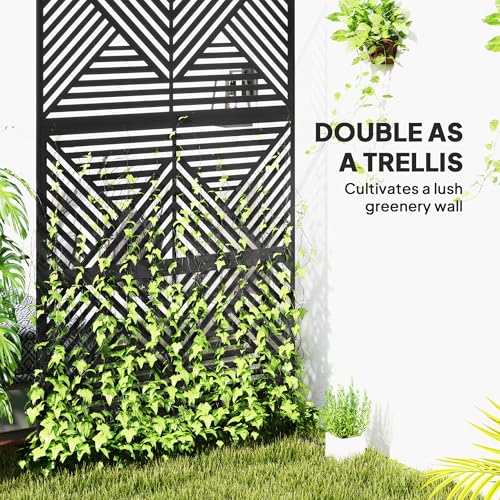 Outsunny Metal Outdoor Privacy Screen, 78" H x 48" W Decorative Privacy Fence Screen, Freestanding Outdoor Divider with Stand, Climbing Plant Trellis for Garden Walkway, Balcony, Patio, Rhombus Black - color: Black/Rhombus
