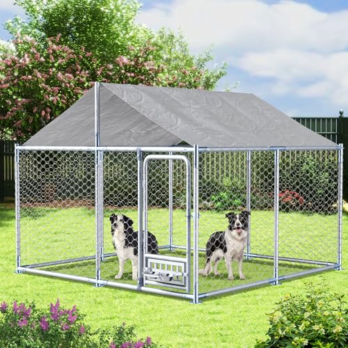 7.5ft×7.5ft Outdoor Large Dogs Kennels Enclosure - Outside Dog Cage with Waterproof roof Cover, Galvanized Steel Dogs House Fence Playpen with Rotating Feeders for Patio Backyard Farm Gardens - size: 90"D×90"W×63"H- w/rotating feeders
