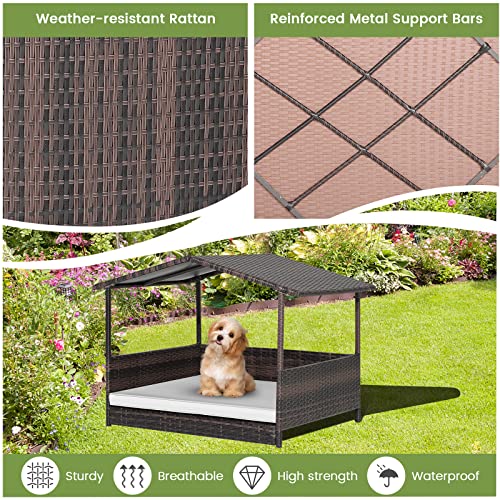 Tangkula Wicker Dog House, Indoor Outdoor Raised Rattan Dog Bed w/Removable Cushion, Washable Cover, Weatherproof Roof, Rattan Puppy Shelter w/Elevated Floor for Small Medium Dogs (White) - style: White