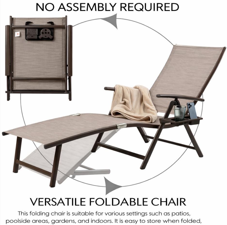Kozyard Aluminum Outdoor Chaise Lounge Chair, Adjustable Reclining Patio Lounge with Drink Holder, Weather-Resistant Pool, Deck & Yard Recliner, Assemble-Free (1Pack, Beige) - color: Beige