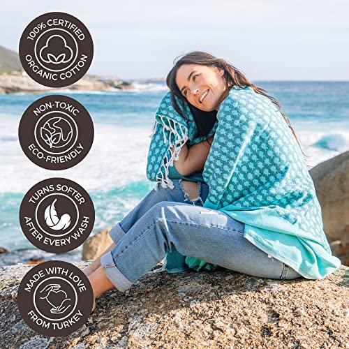FESHKA Sand Proof Turkish Beach Towel – Oversized, Quick Dry & Lightweight Travel Towel - 100% Organic Cotton Beach Blanket - Perfect for Bath, Pool & Picnic | Big Fish (Teal/Turquoise) - color: 29 - Teal/Turquoise