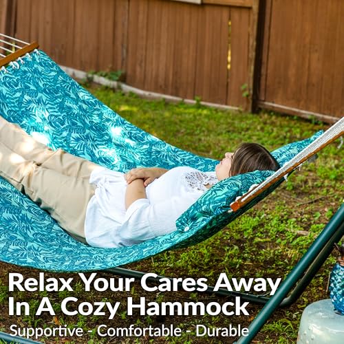 Sunnydaze Quilted Double Hammock for Outside with Spreader Bars and Pillow - 450 lb Capacity, 74x55 Inch Bed, UV Resistant, Quick Dry - Chains Included, Stand Sold Separately - Cool Blue Tropics - color: Cool Blue Tropics