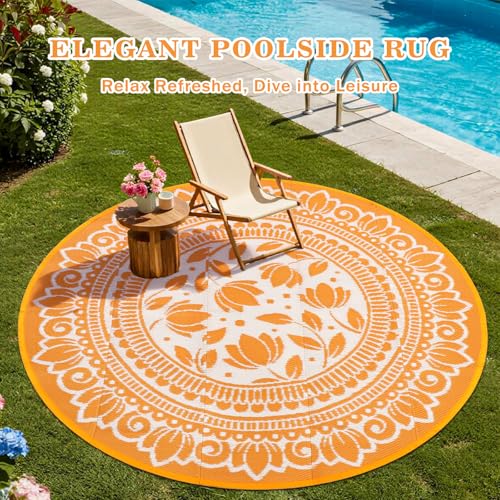 6ft Round Boho Floral Outdoor Rug, Reversible Waterproof UV-Resistant Modern Outdoor Carpet, Plastic Straw Woven Camping Mat for RV, Patio, Backyard, Deck & Porch, Orange - color: Orange, size: 6' (Round)