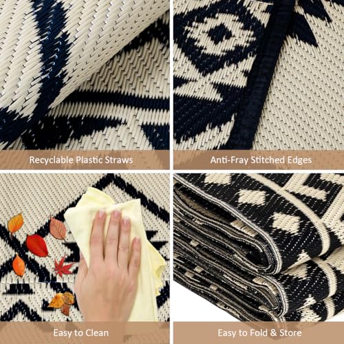 LILIOFFIC Outdoor Rug Waterproof 5x8 ft Outdoor Carpet Patio Rug Mat Reversible RV Camping Rug Plastic Straw Rug Outside Outdoor Area Rug for Patio Deck Balcony Backyard Picnic Beach Black & Beige - color: 01/Black & Beige, size: 5' x 8' (Rectangular)