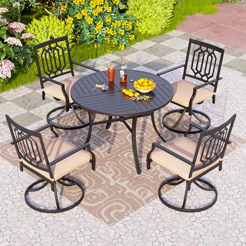 PHI VILLA 5 Pieces Outdoor Dining Set for 4, Round Metal Wrought Iron Table with Umbrella Hole & Swivel Metal Steel Chairs with Cushions, Large Modern Furniture for Patio, Deck, Backyard, Porch - color: Hexagon Back Swivel Chair, size: 5PCS-42" Round Tabl