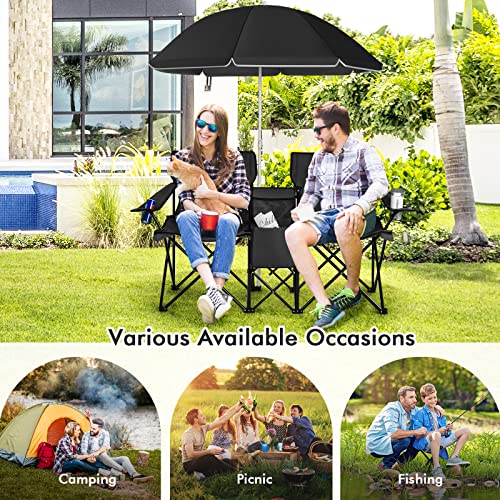 Goplus Double Camping Chair with Umbrella, Folding Loveseat Chairs w/Canopy Shade, Carrying Bag, Table, Cup Holder, Portable Beach Chairs Outdoor Picnic Patio (Black) - color: Black