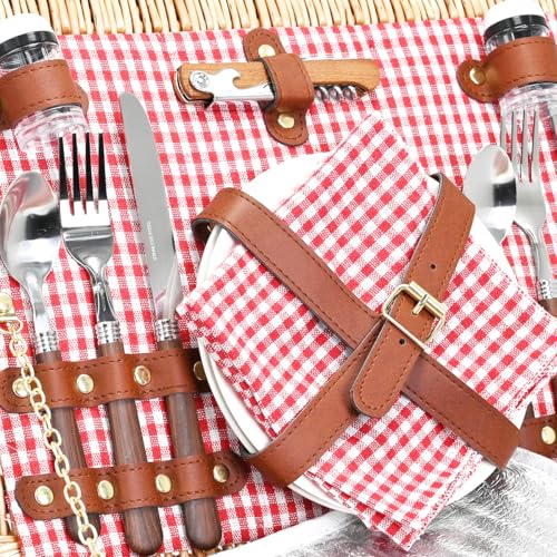 Picnic Basket with Blanket and Wine Pouch for 4, Wicker Picnic Set with Insulated Liner Cooler Bag Hamper for Camping,Wedding - Red Gingham - color: Red Gingham With Blanket for 4