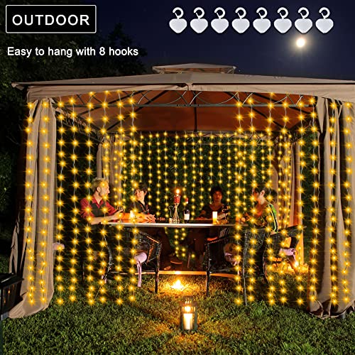 echosari Solar Curtain Lights 7.9ft x 6ft 144 LED Outdoor Curtain Lights Waterproof with Timer 8 Modes for Christmas Garden Patio Fence Wedding Wall Window Gazebo Decor - Warm White - color: Warm White